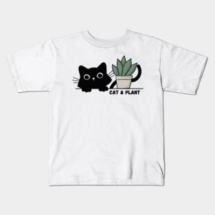 Cute black kitten and green plant - cat & plant Kids T-Shirt